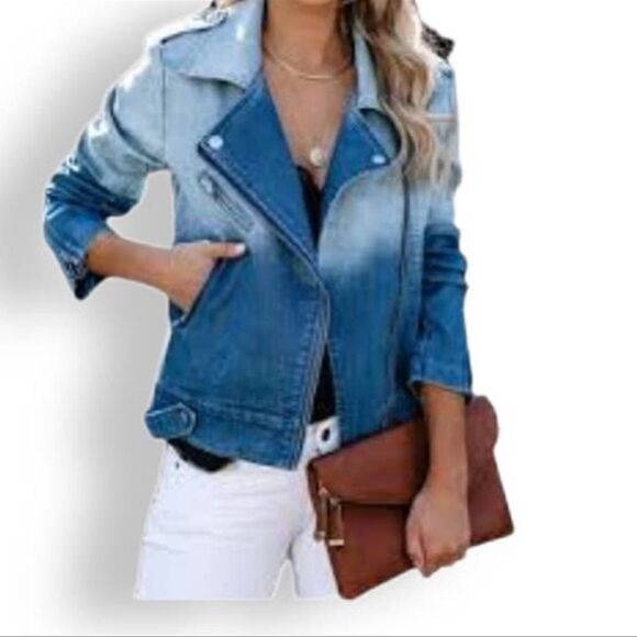 FATE by LFD Denim Jacket Blue Medium Wash Long Zipper Pocket Ombre Jean Jacket S - Picture 2 of 15